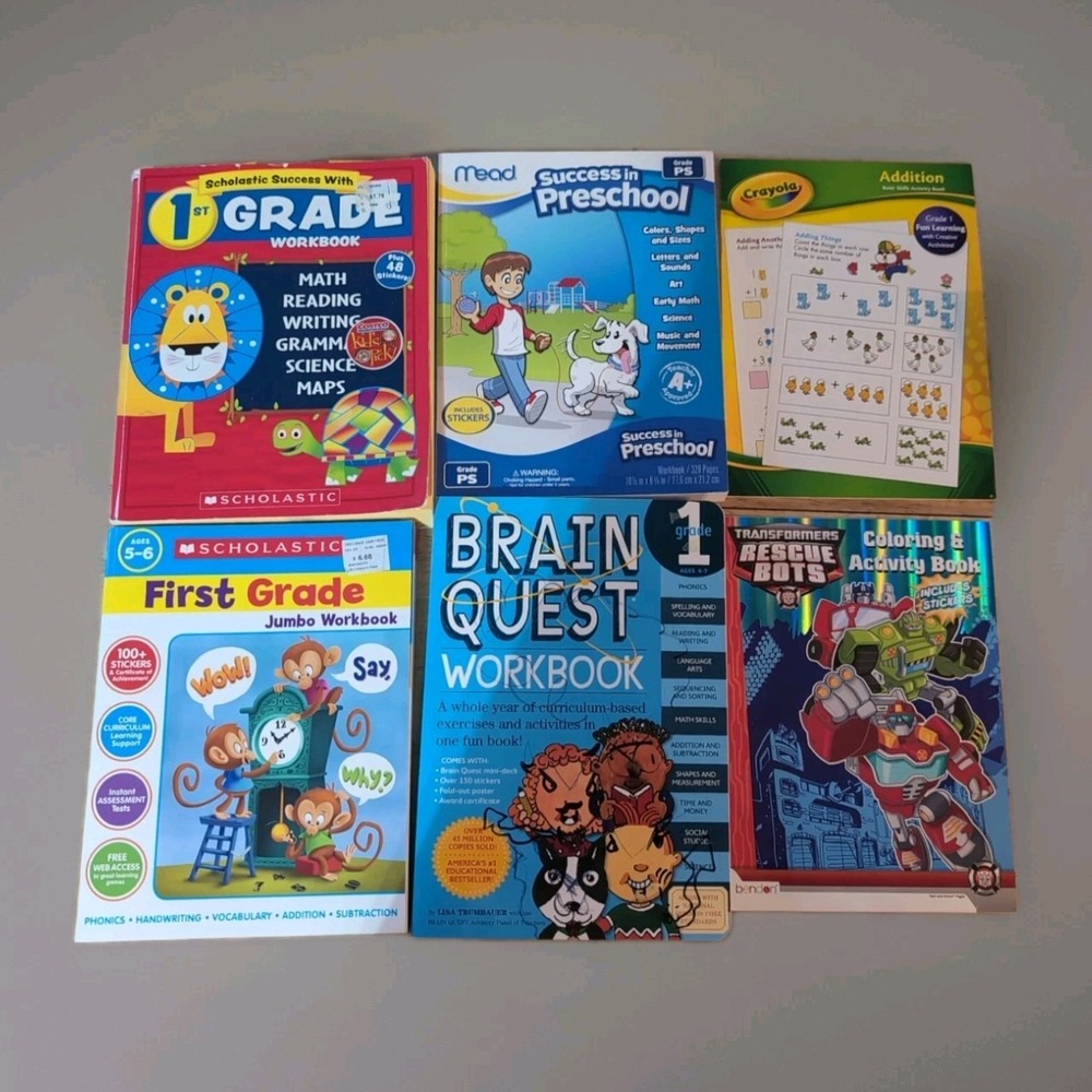 Lot Of 4 1st Grade , Preschool‎ And 2 Coloring Books.  Some Writing. Brain Quest